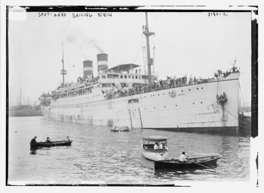 The SS Sant Anna, Fabre Line steamship, sailing from port, August 1914